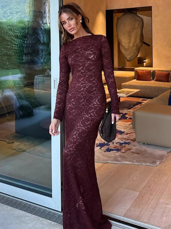Women's Autumn Sexy Cut-Out Slim Lace Long Sleeve Dress 4