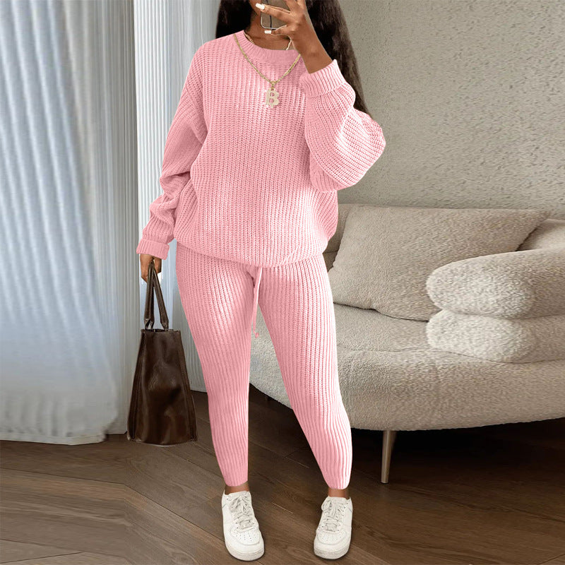 Fashion Casual Knitting Two Piece Pants Set Solid Long Sleeve Loose Sweater Trouser Suits Women's Clothing 12