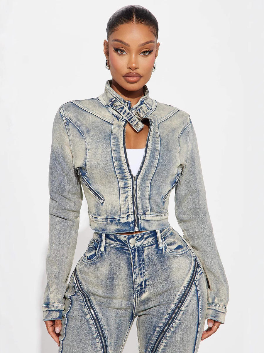 Women Spring Sexy Stretch Washed Zipper Denim Jacket Top and PantsTwo Piece Set 4