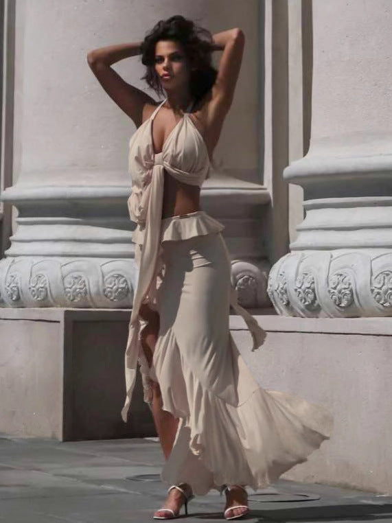 Women Summer Sexy Solid Halter Neck Lace-Up Tank Top and Split Skirt Two-piece Set 4