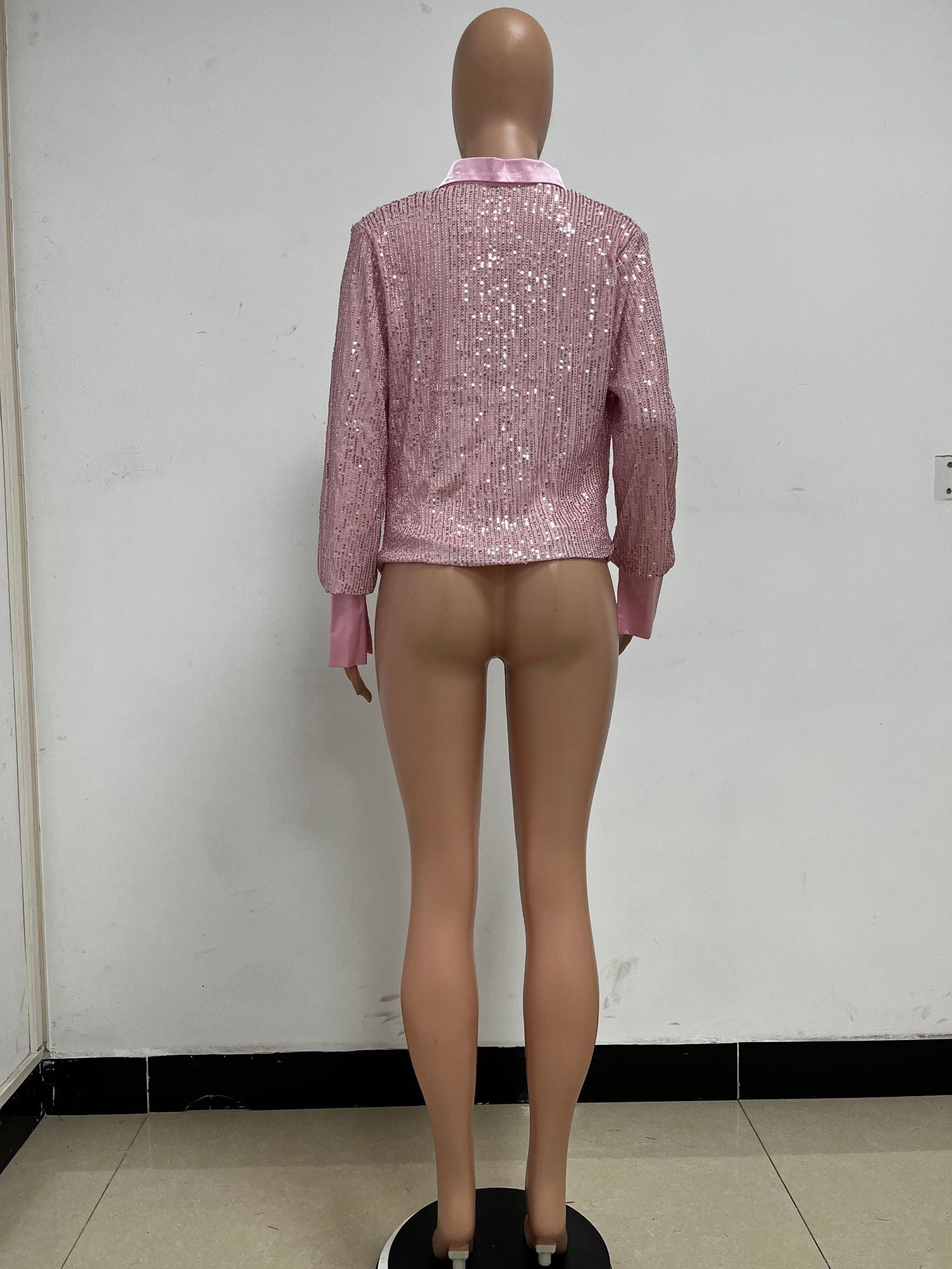 Women's Deep V Pleated Loose Ladies Chic Sequin Long Sleeve Shirt 25