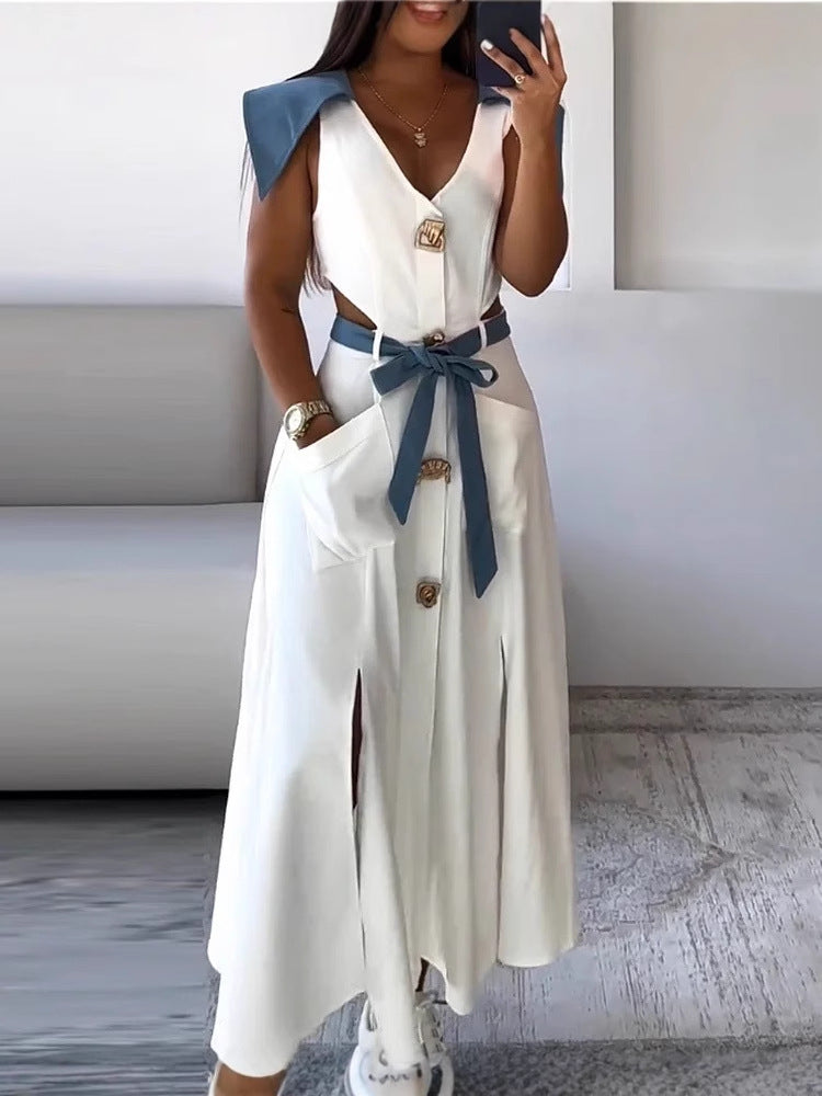 Color-Block Turndown Collar Sleeveless Hollow Belt Slit Maxi Dress 4