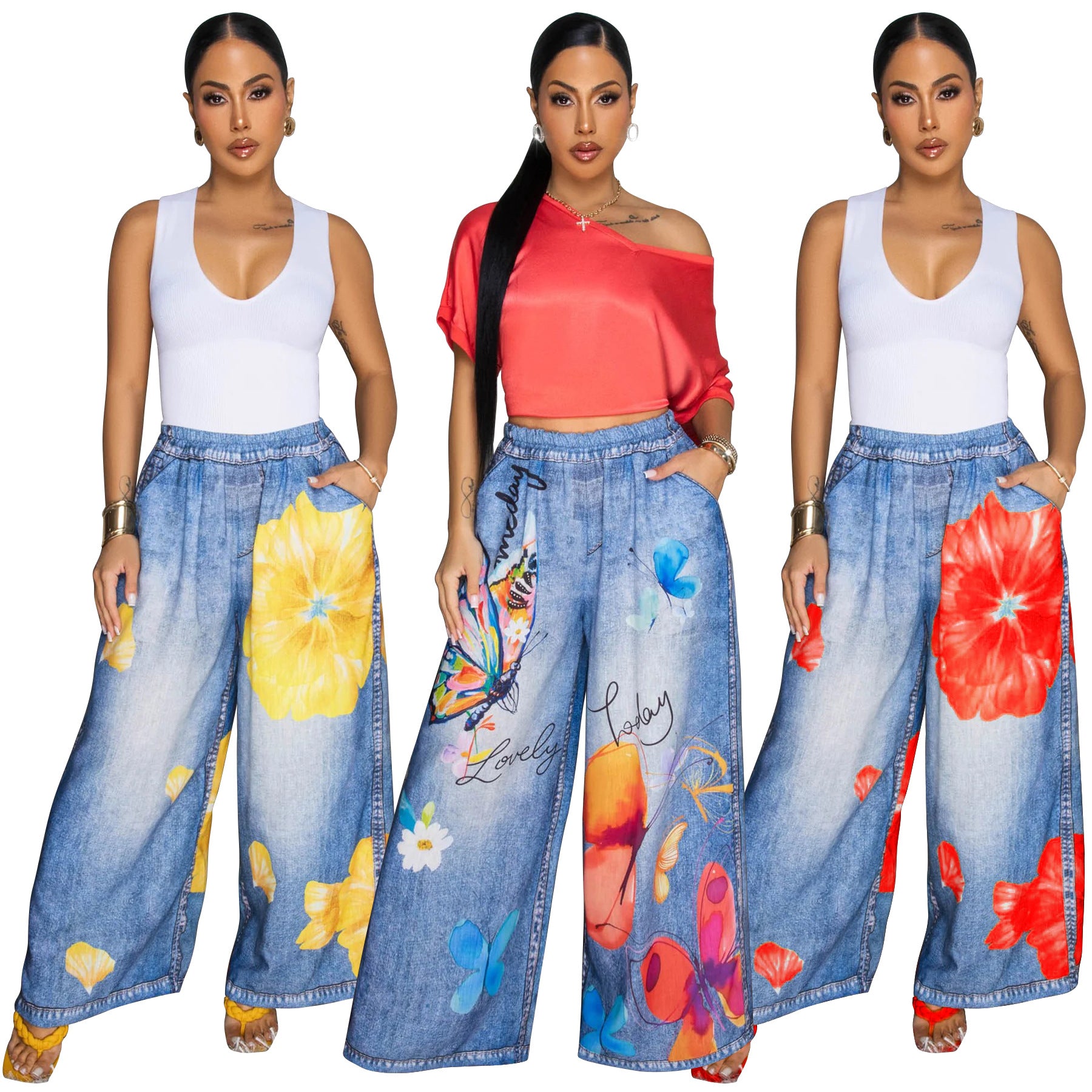 Women's print wide leg casual pants 6