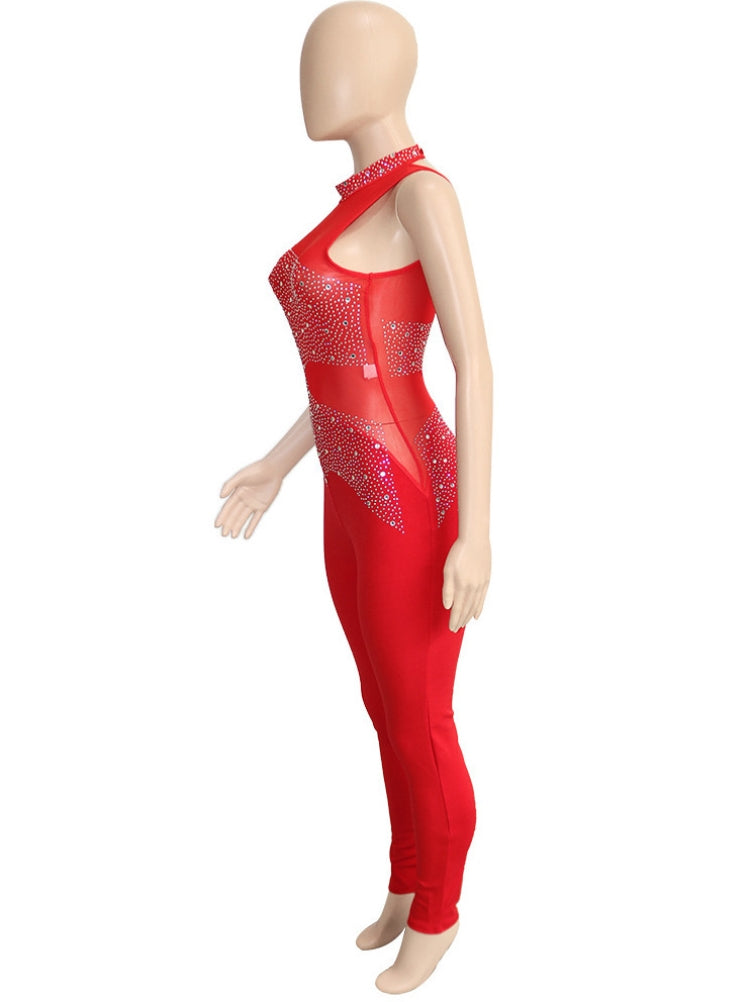 Spring Sexy Red Mesh Patch Beaded Sleeveless Party Jumpsuit 5