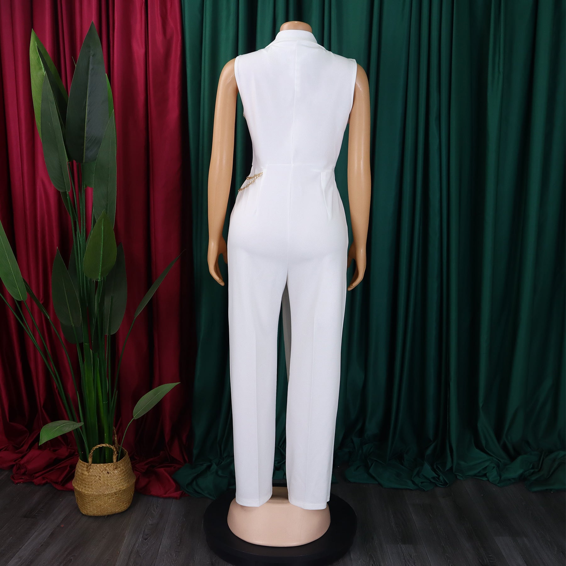 Women's Chic Elegant Turndown Collar Slim Waist Chain Loose Wide Leg Jumpsuit 11