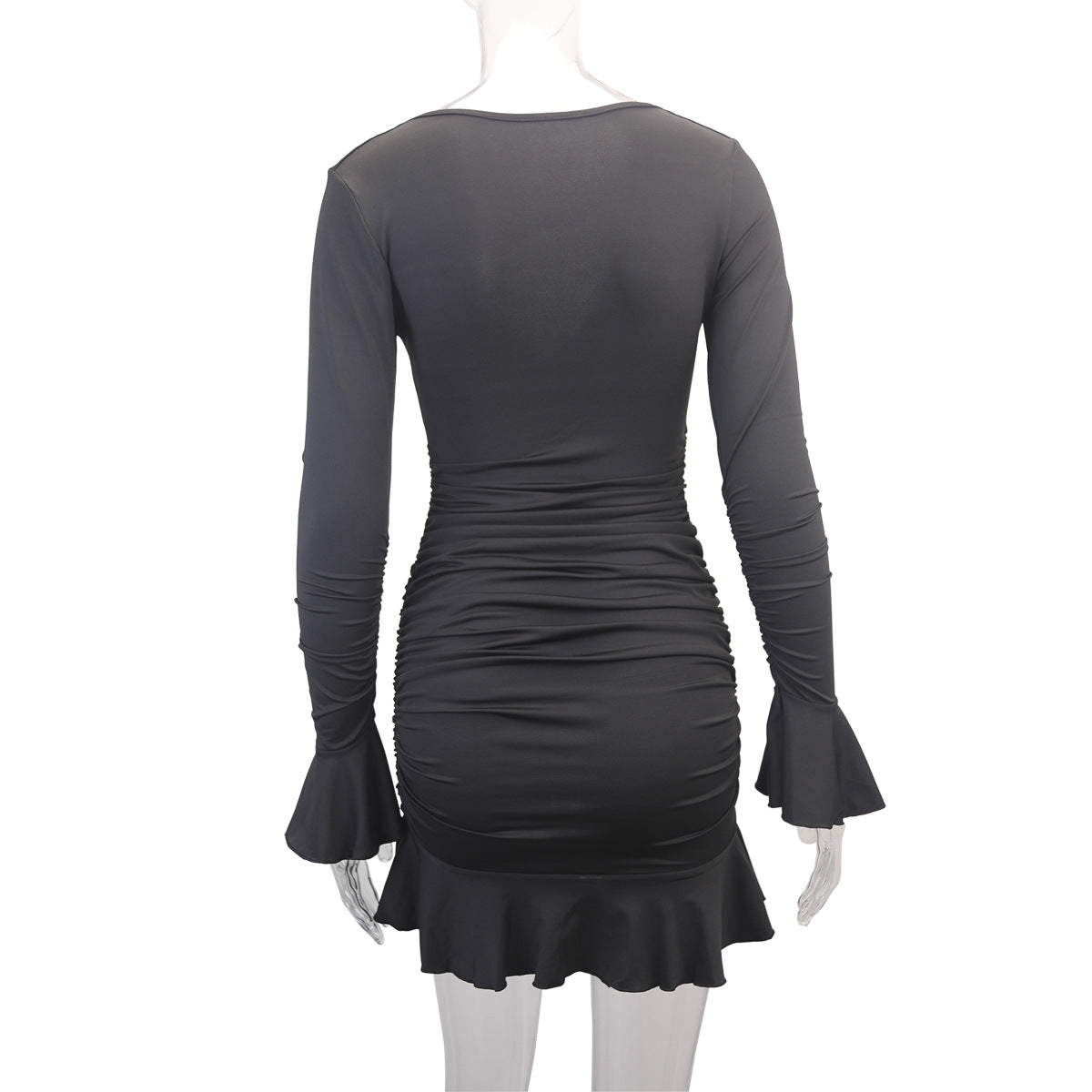 Fashion Sexy Deep V Neck Long Sleeve Ruffle Bodycon Dress 16