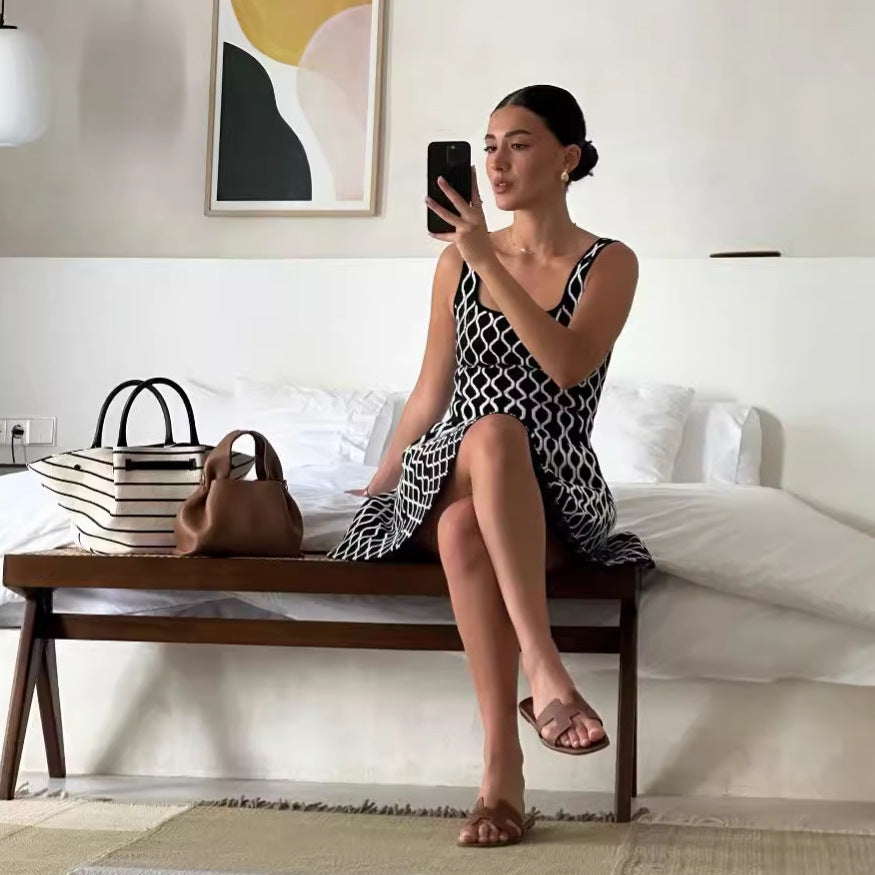 Spring Summer Contrast Sleeveless A-Line Knitting Dress 4