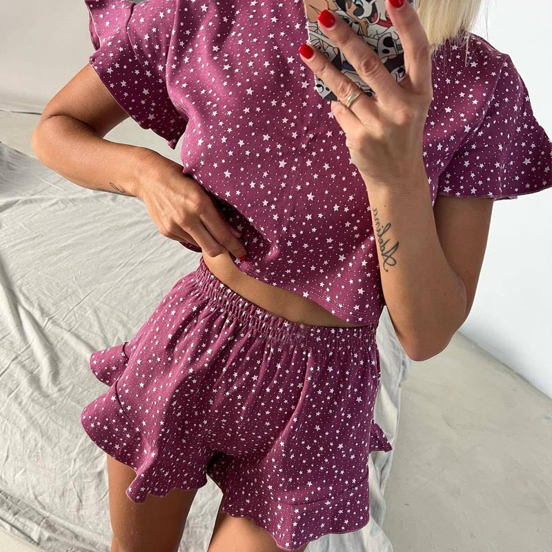 Spring/Summer Fashion Loose and Comfortable Ruffled Star-Print Short Sleeve Shorts Pajamas Women's Home Clothes Set 3