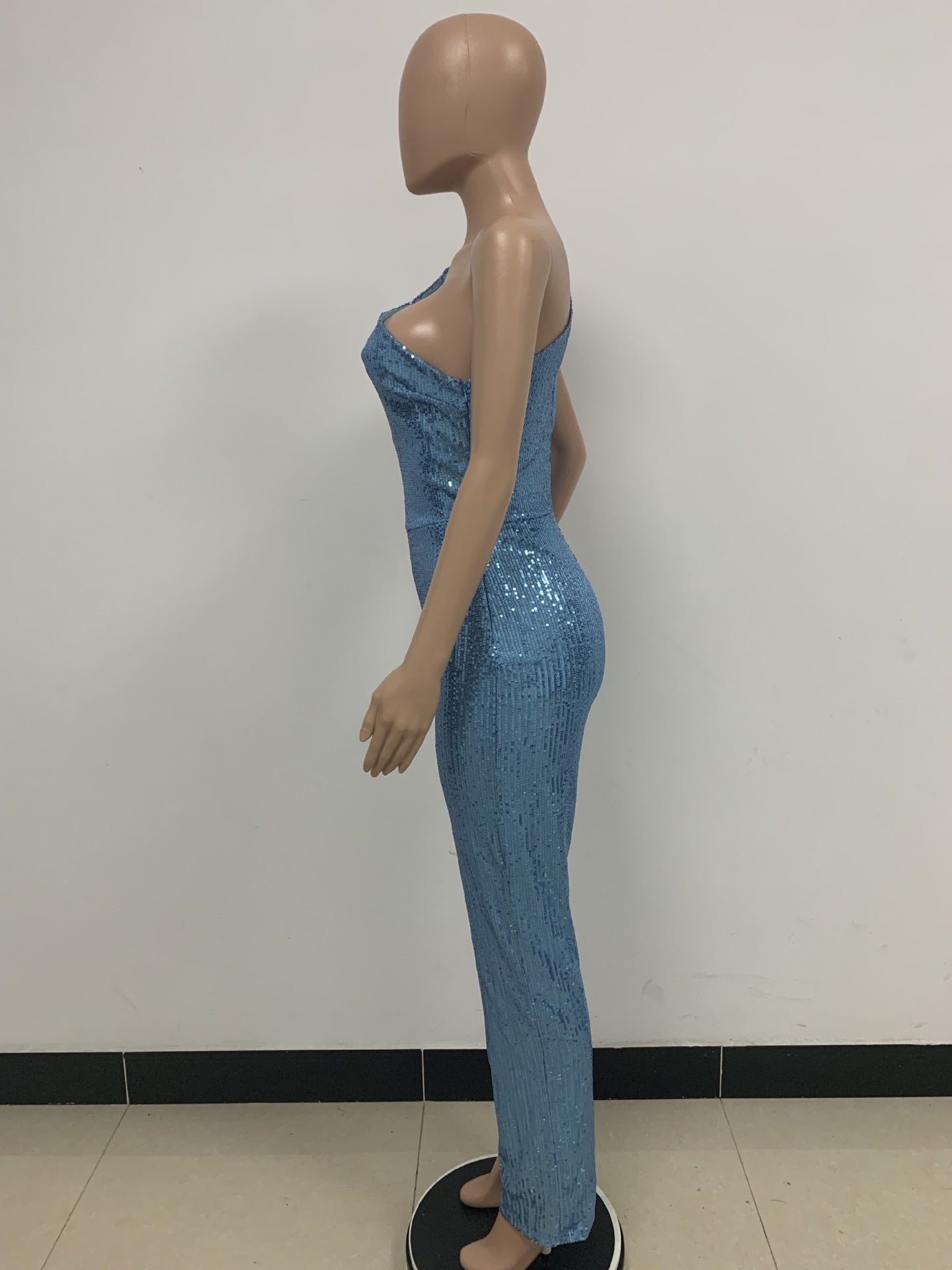 Women's Sleeveless One Shoulder Low Back Sequined Jumpsuit 60