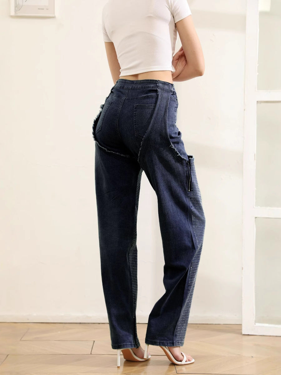Fashion Irregular hollow Patchwork zipper Beaded elastic Denim pants 11