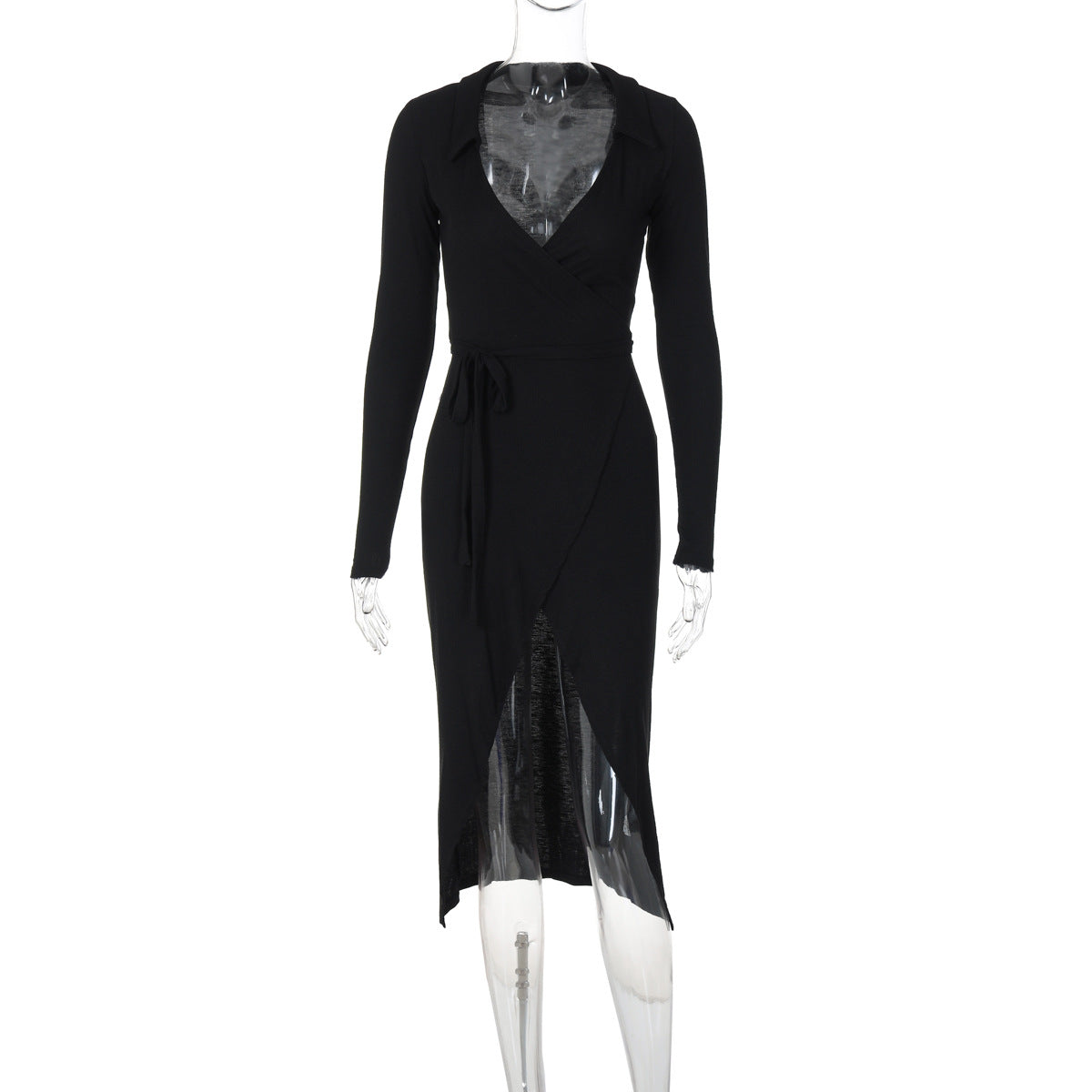 Autumn Winter Long Sleeve Sexy Tie Slim Waist Split Long Dress 13