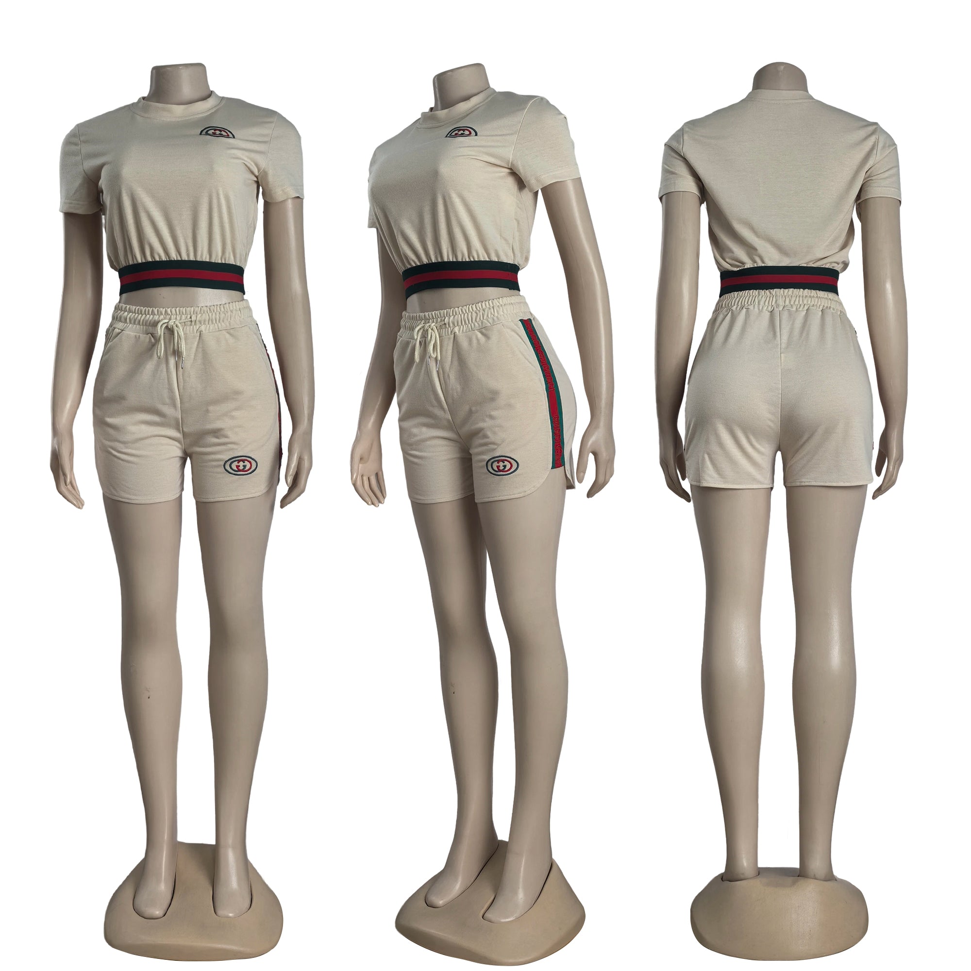 Women's Fashion Casual Cotton Trendy Embroidered Embossed Ribbon Short-Sleeved Shorts Set 18