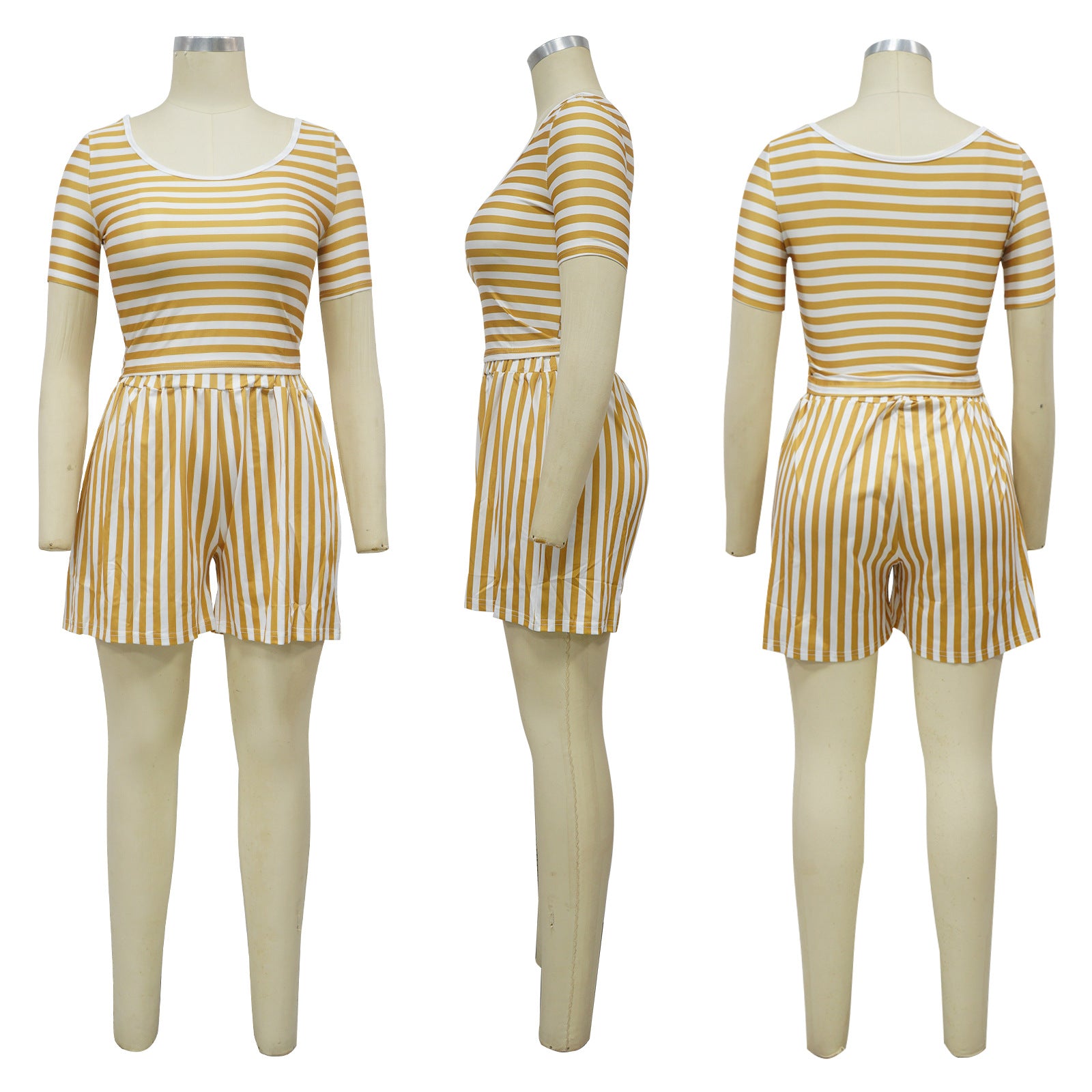 Women Round Neck striped print Top and Shorts two-piece set 12