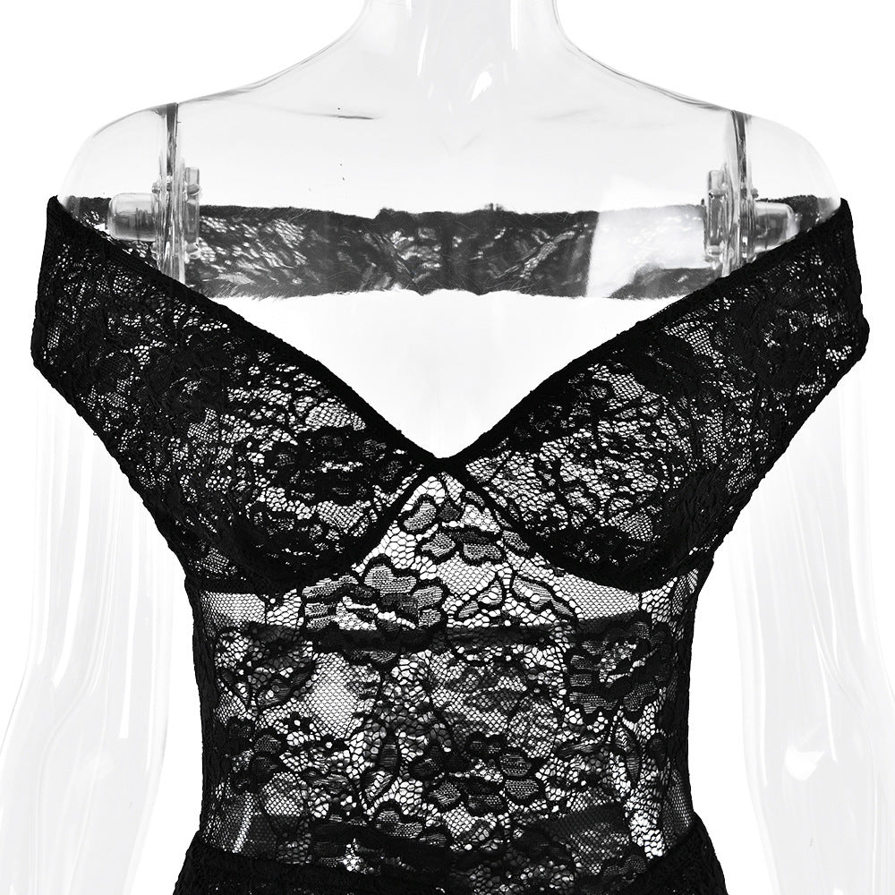 Women Strapless Backless Lace Bodysuit and Skirt Two-Piece Set 11