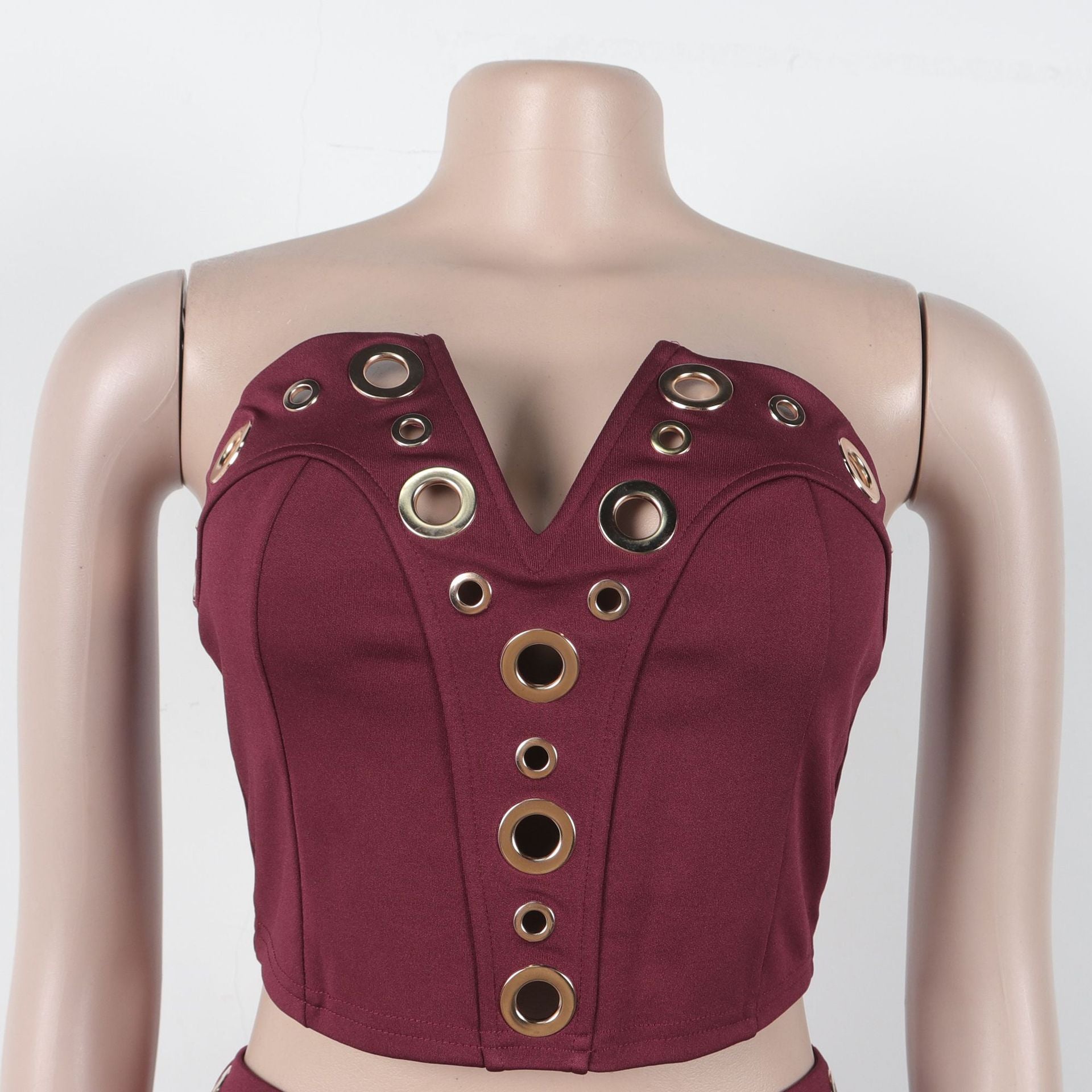 Women elegant elastic metal buckle decorated V-neck Top and Pants two-piece set 28