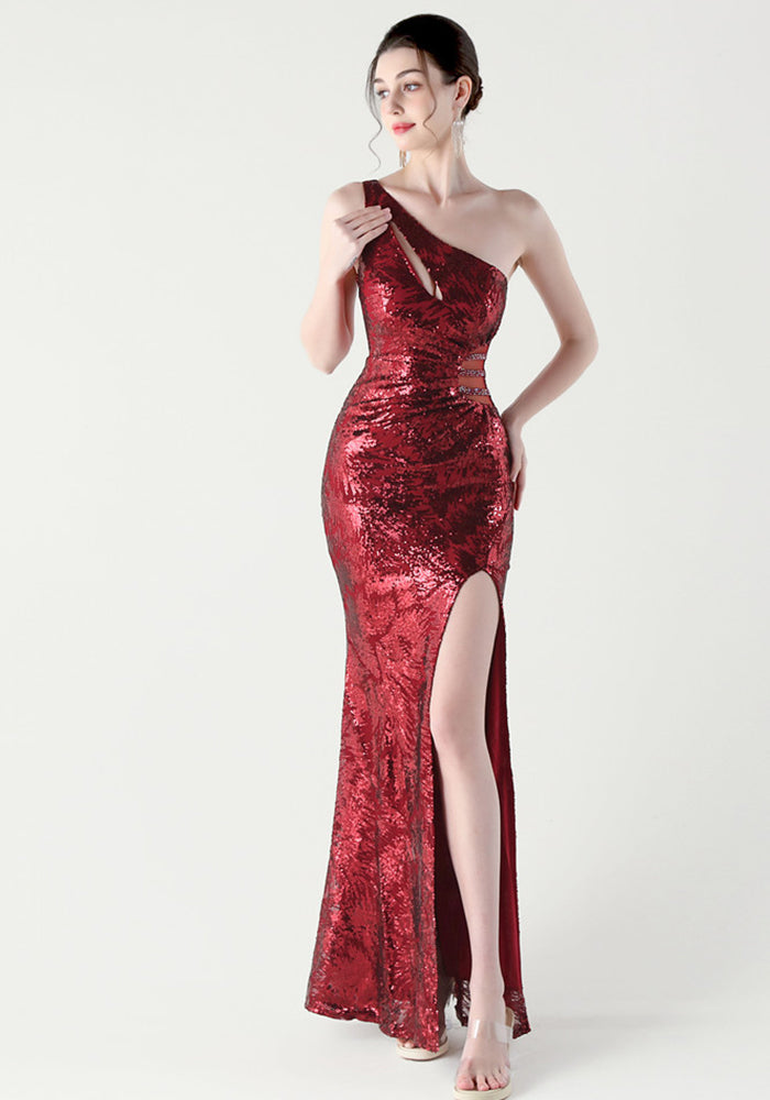 Sequin Mesh One-Shoulder Mermaid Party Gown