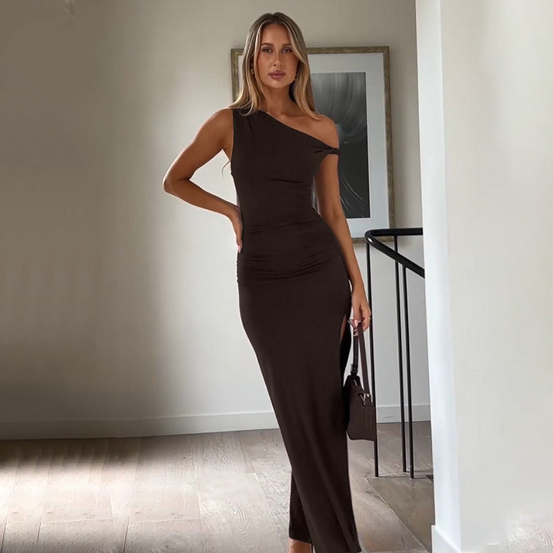 Women Sexy Slash Shoulder Slit Sleeve Solid Dress 4