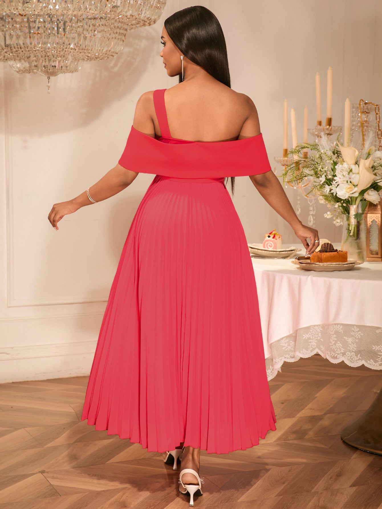 Women Sexy Off Shoulder Dinner Pleated Dress 8