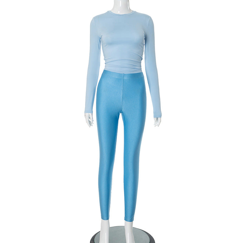 Women Round Neck Long Sleeve Top Pants Casual Two Piece Set 12