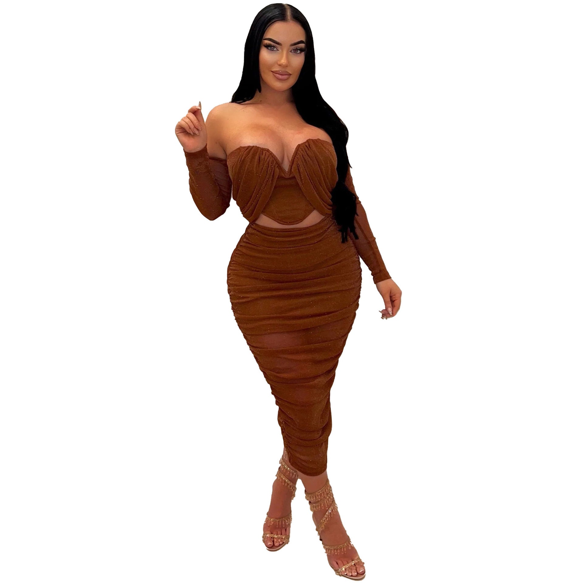 Sexy off shoulder pleated two piece skirt set nightclub wear 8