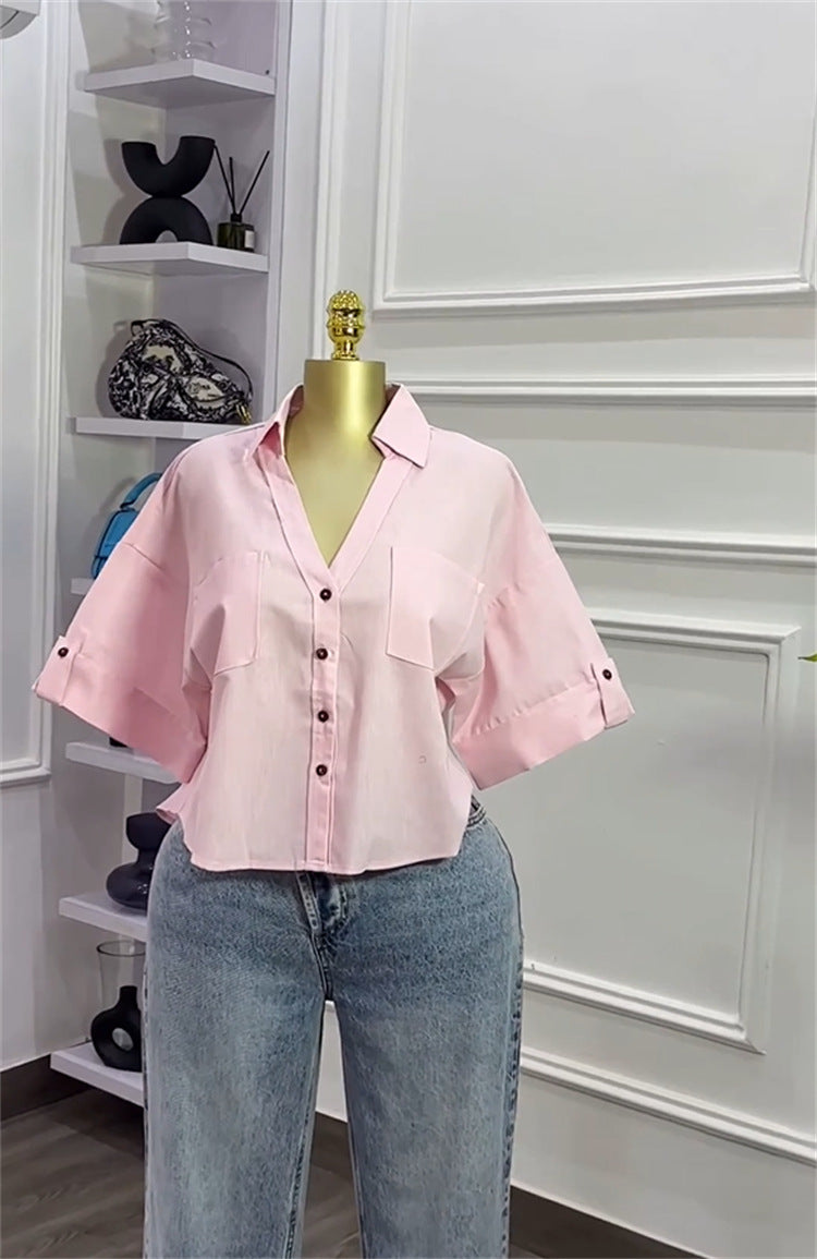 Women's Autumn Turndown Collar Loose Fashion Short Sleeve Shirt Top