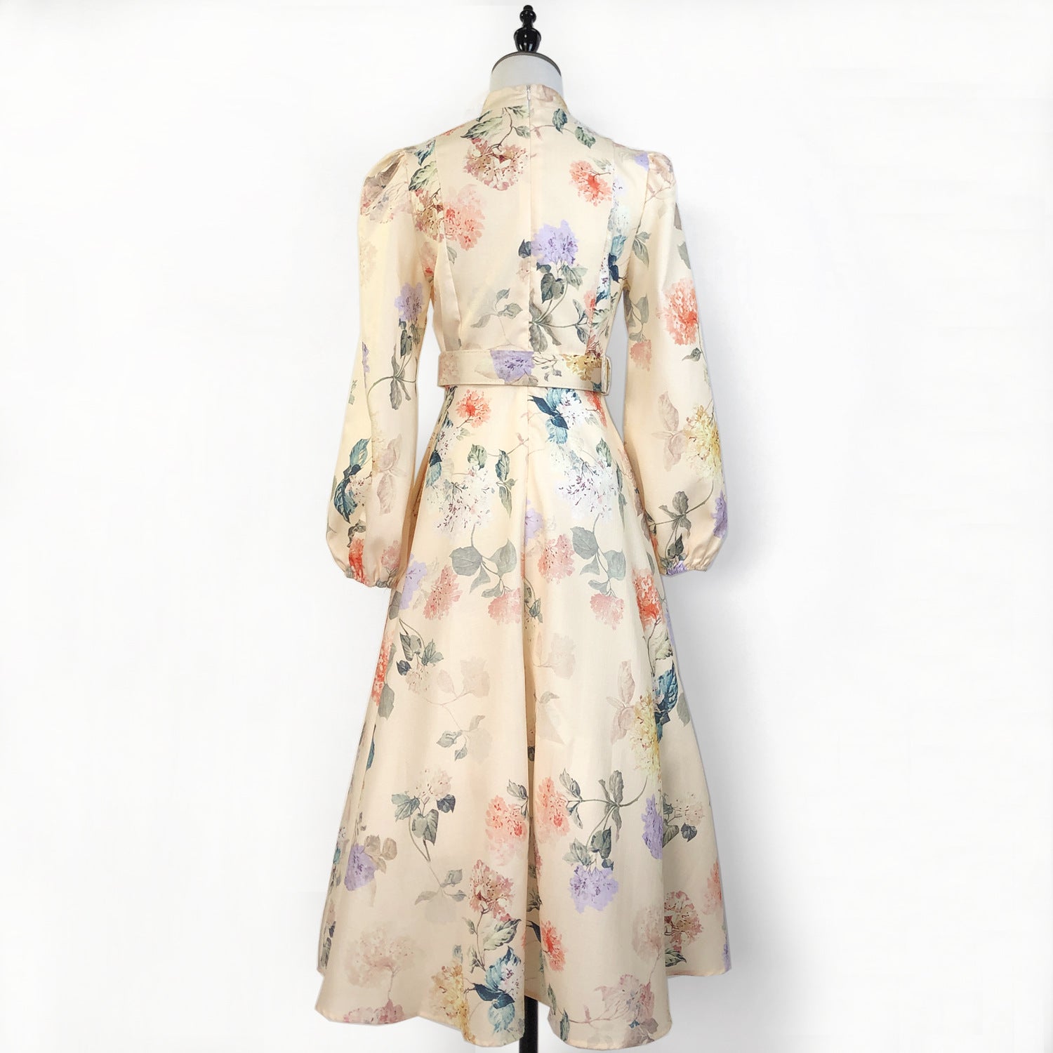 Elegant Print Row Jewelry Button Floral Lantern Sleeve Midi Dress with Belt 17
