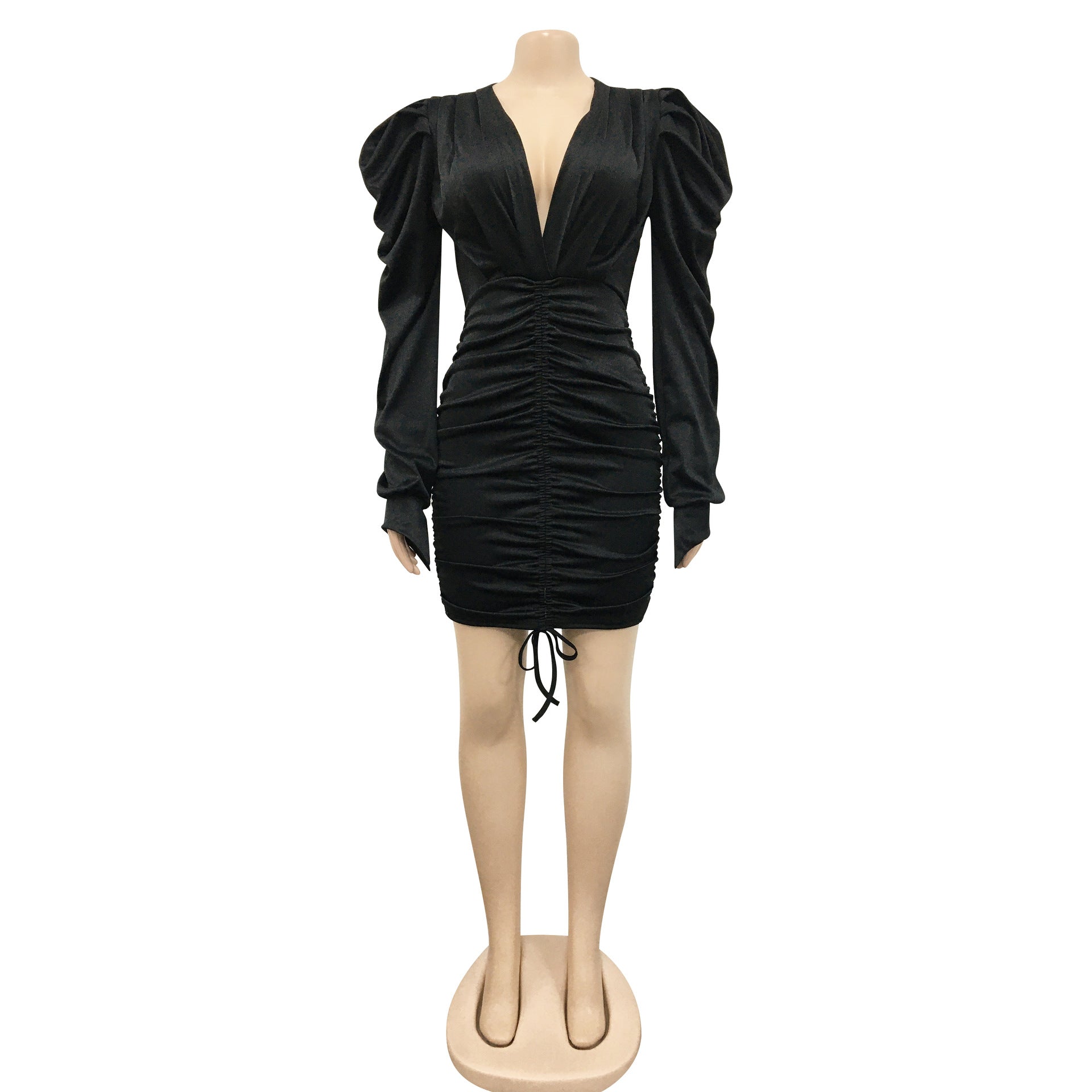 Women Casual Solid Long Sleeve Pleated V-Neck Dress 18