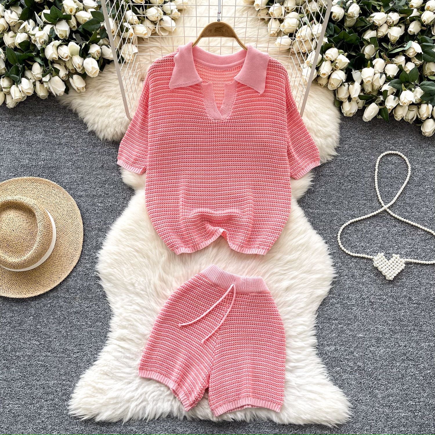 Women's Summer Turndown Collar Short Sleeve Hollow Knitting Top Tight Fitting Shorts Fashion Two Piece Set 4