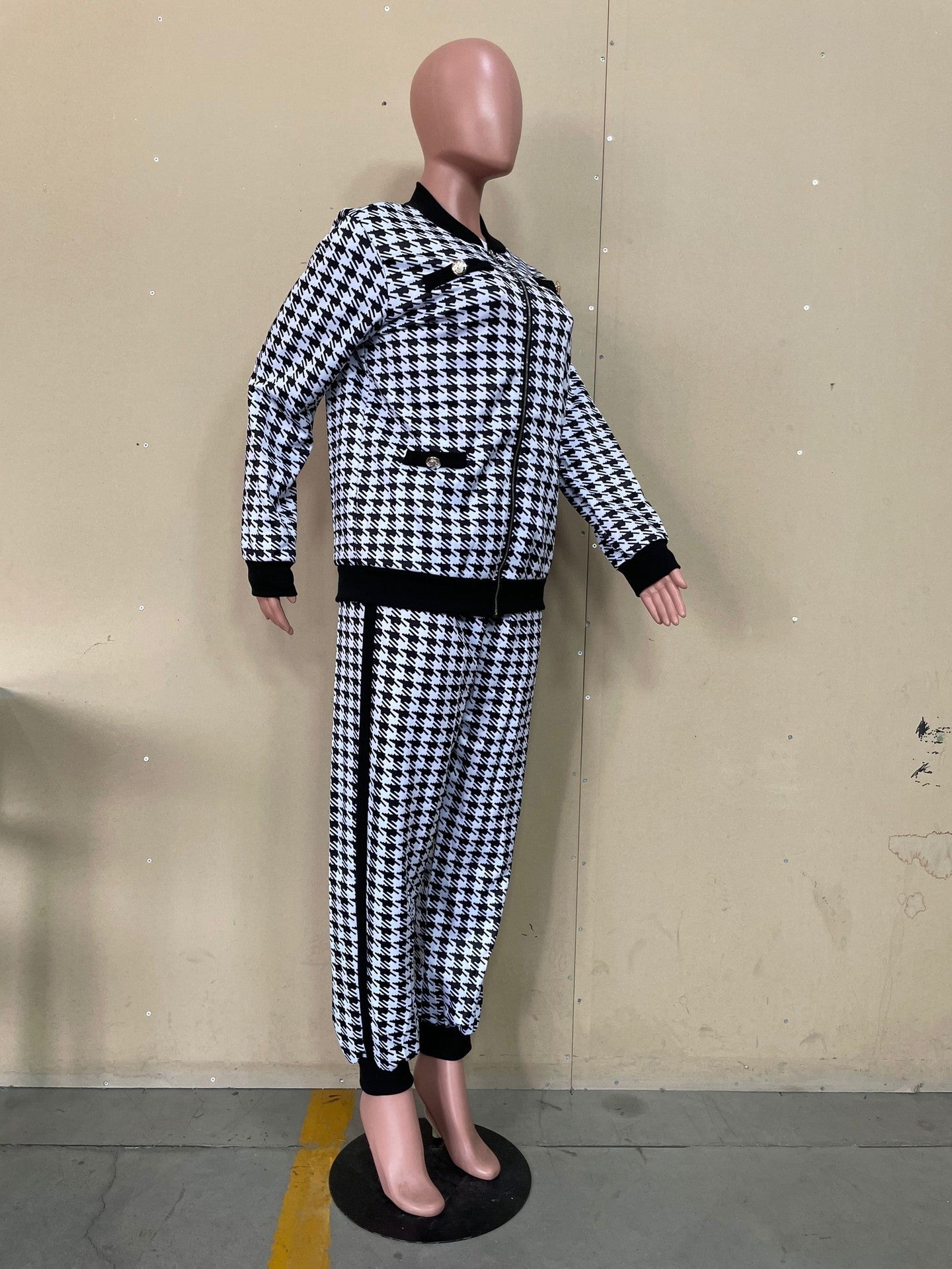 Women Casual long-sleeved Top and Pant houndstooth two-piece set 8