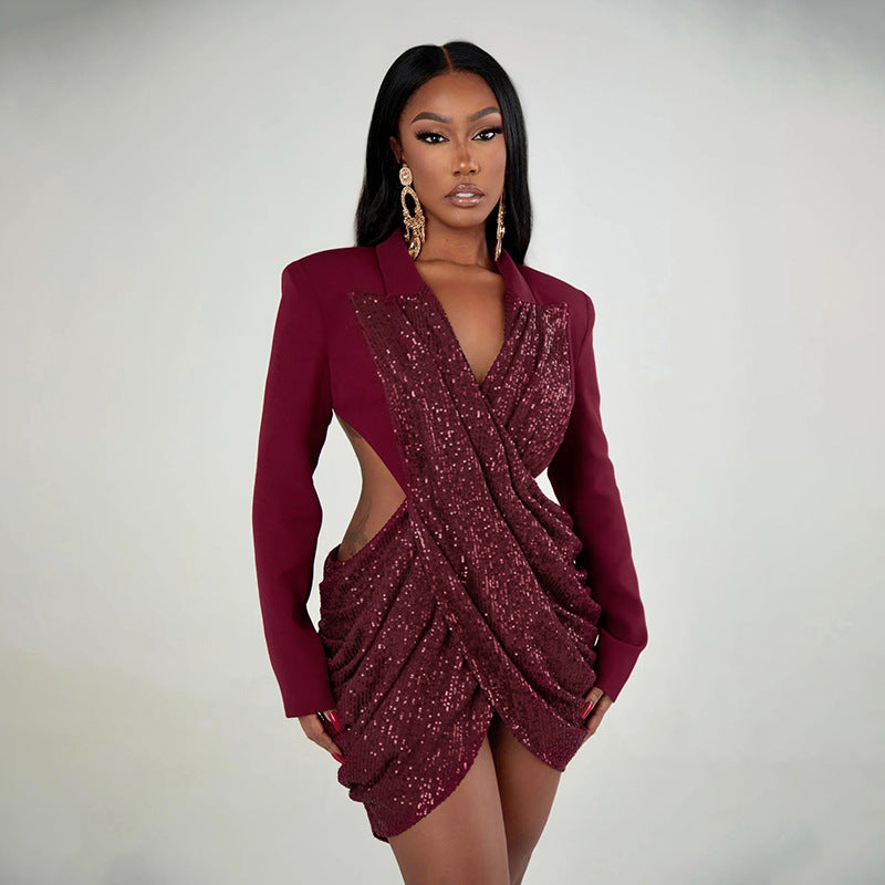 Women Fall Solid Sequined Long-Sleeved Elegant Patchwork Dress 3