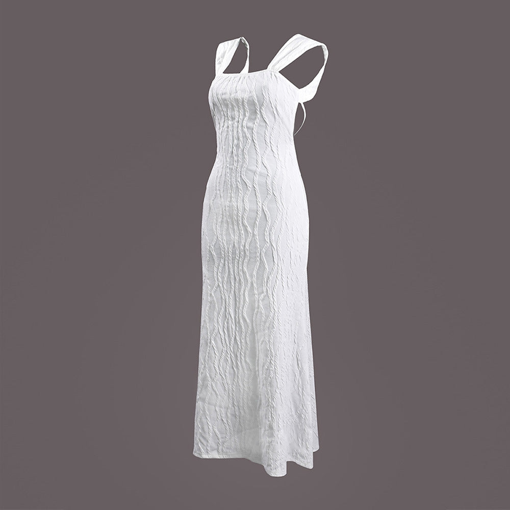 Striped Sexy Square Neck Strappy Low Back Long Dress 5