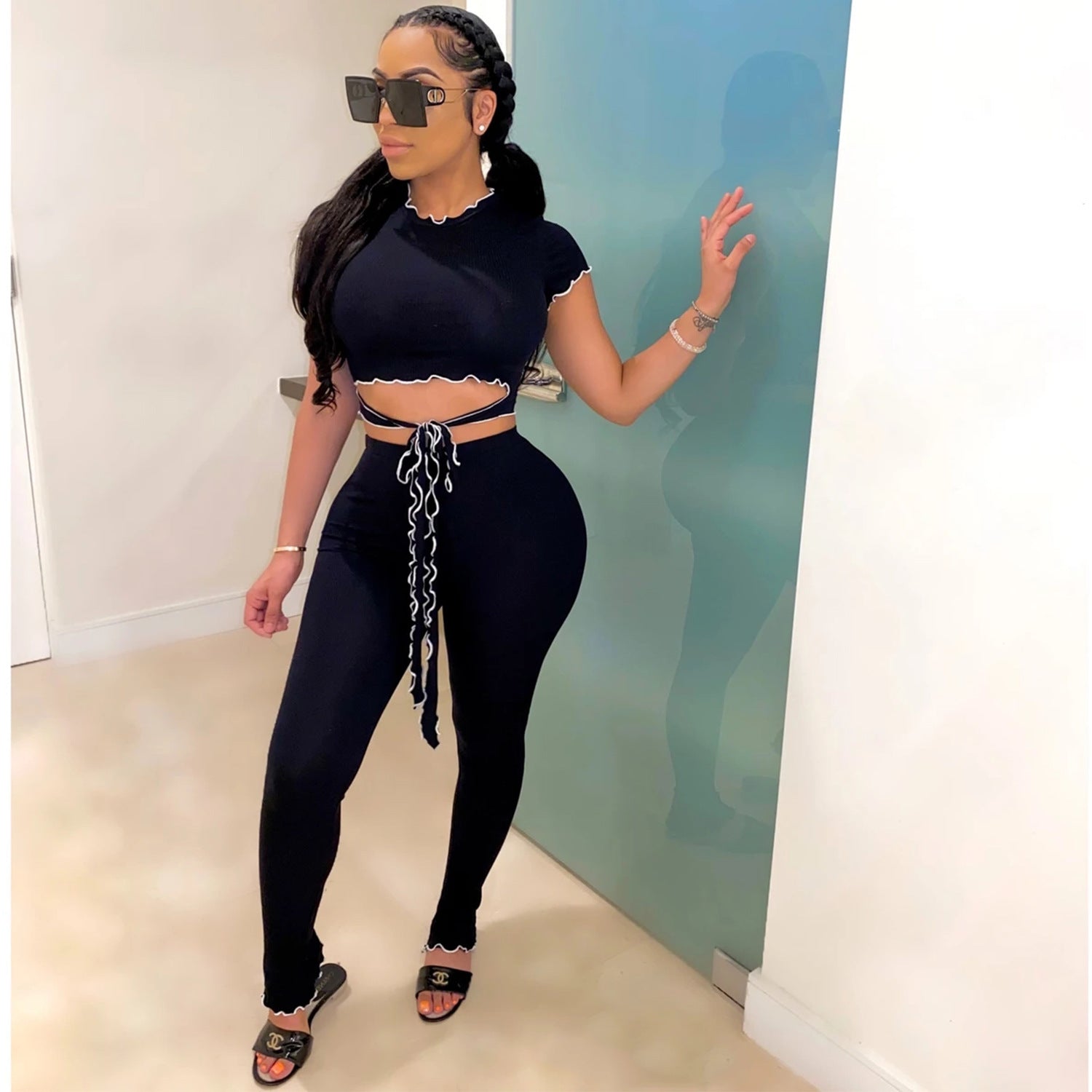 Women Sexy Short-Sleeved Top and Pant Two-Piece Set 4