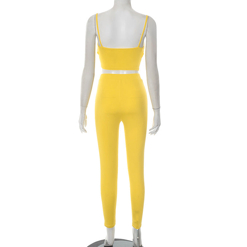 Women's Spring-Summer Hollow Pleated Crop Top Skinny Pants Set 7