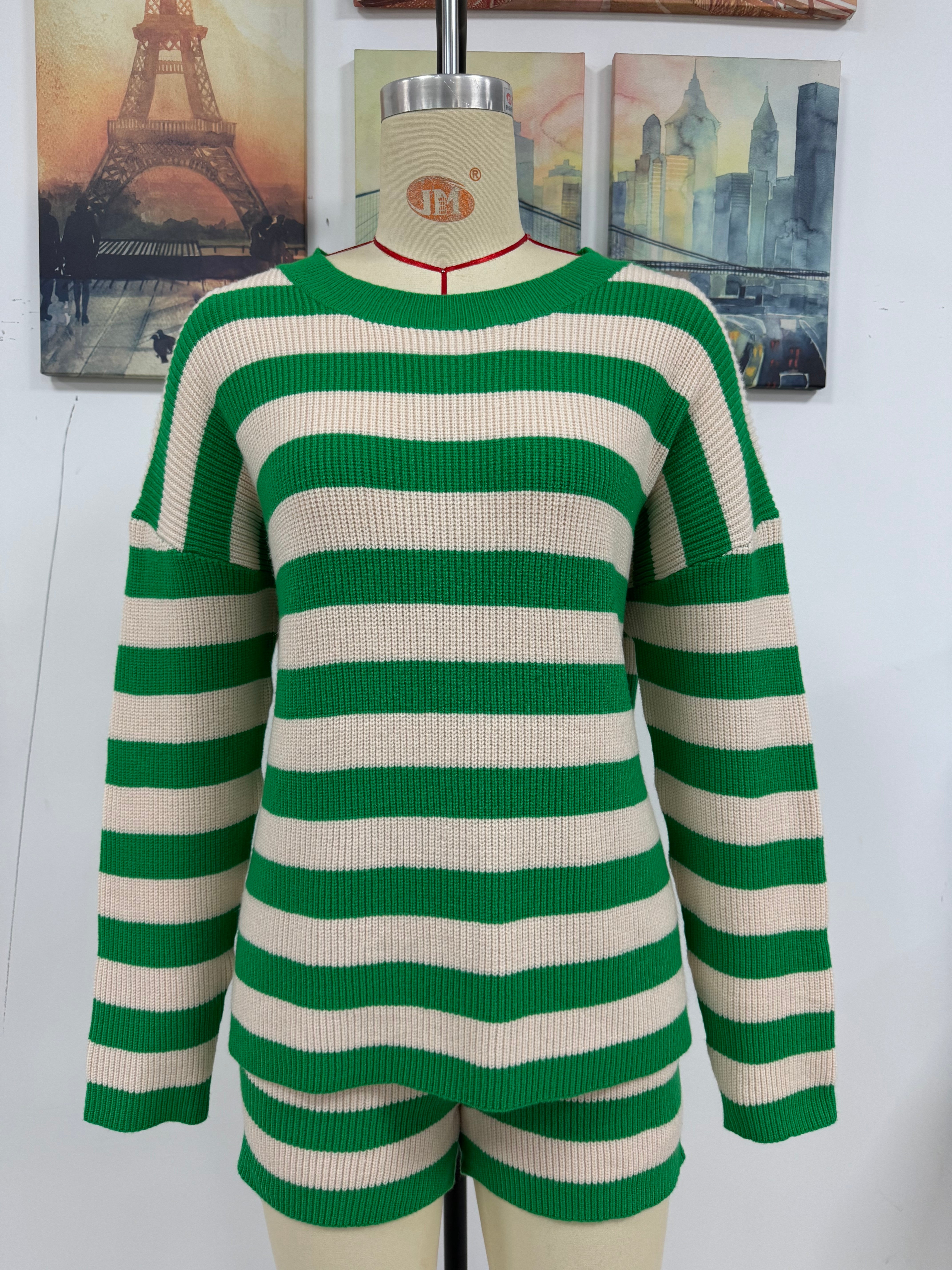 Women Stripe Patchwork Round Neck Casual Knitting Sweater and Shorts Two-piece Set 11