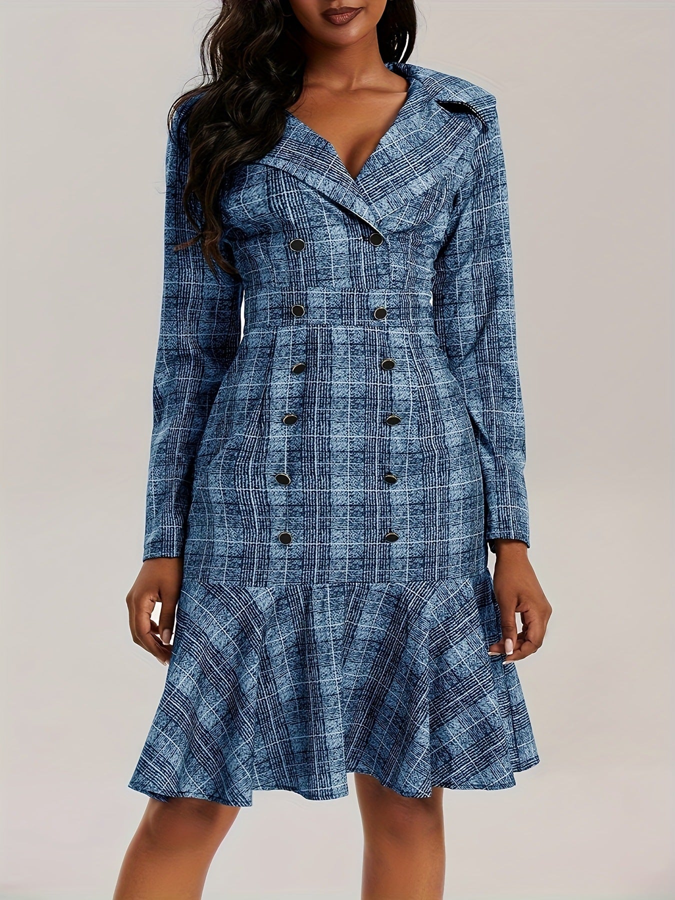 Plus Size Women Turndown Collar Double Breasted Plaid Print Career Dress 5