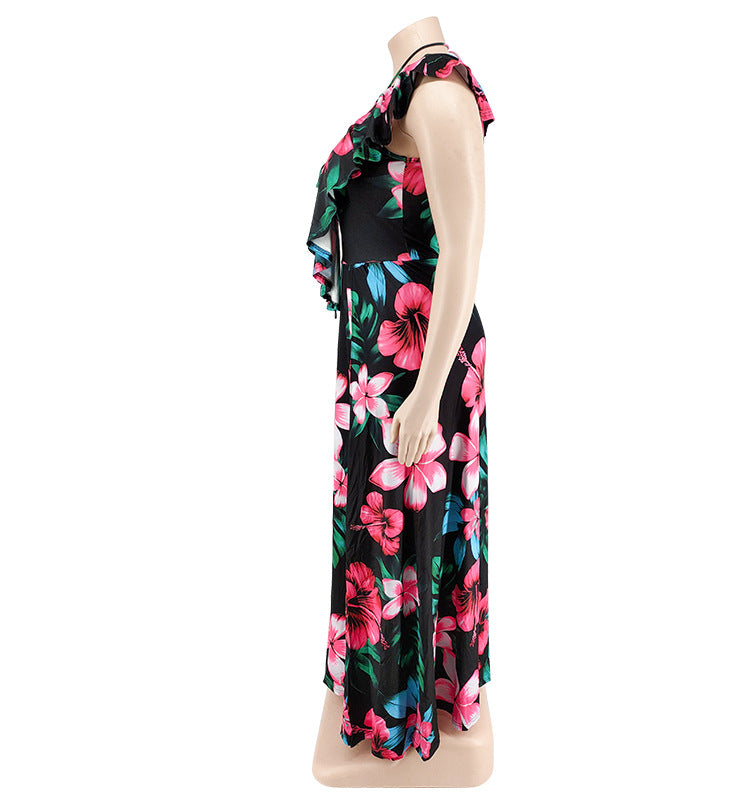 Plus Size Women's Summer Ruffled Collar Floral Print Maxi Dress 7