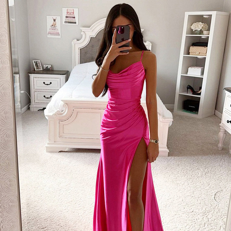 Spring Strapless Gathered Slit Satin Dress Sexy Slim Bodycon Dress 3