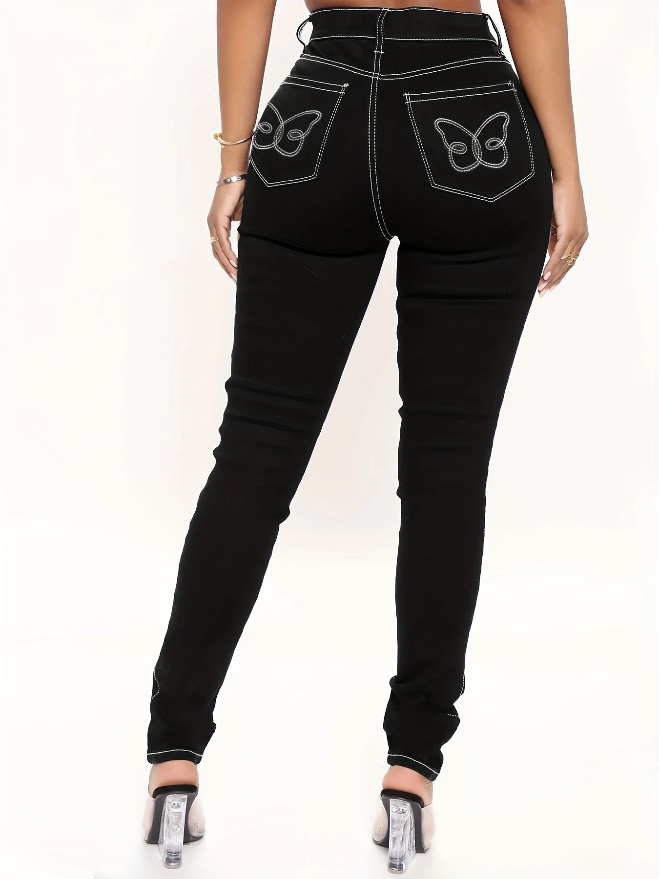 Style Streetwear Back Pocket Butterfly Embroidered Stretch Denim Pants 6