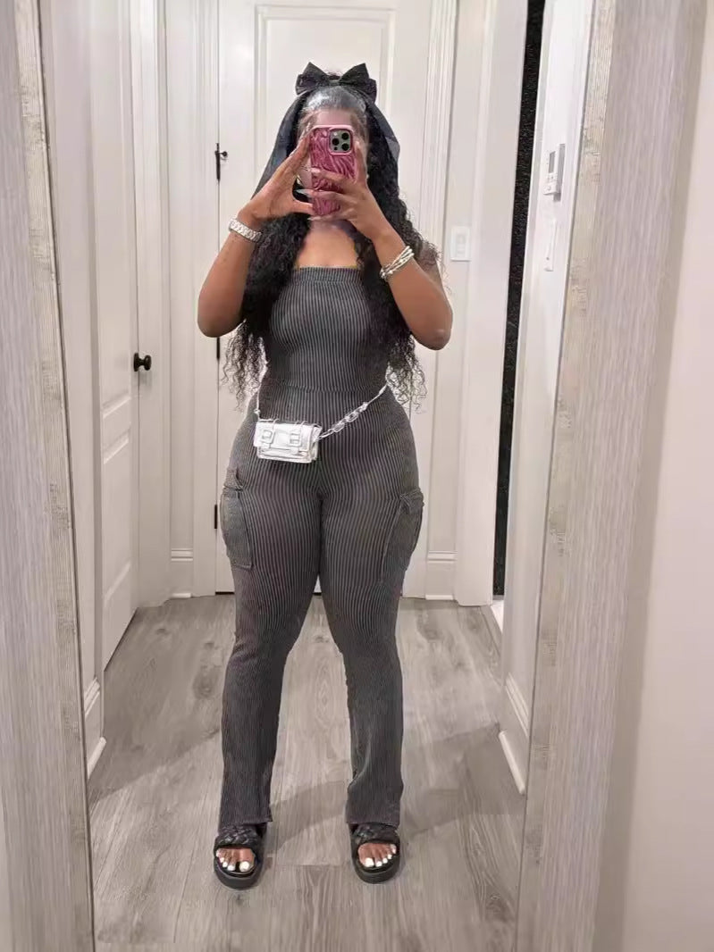 Summer Fashion Solid Color Ribbed Pocket Sexy Tight Fitting Jumpsuit 5