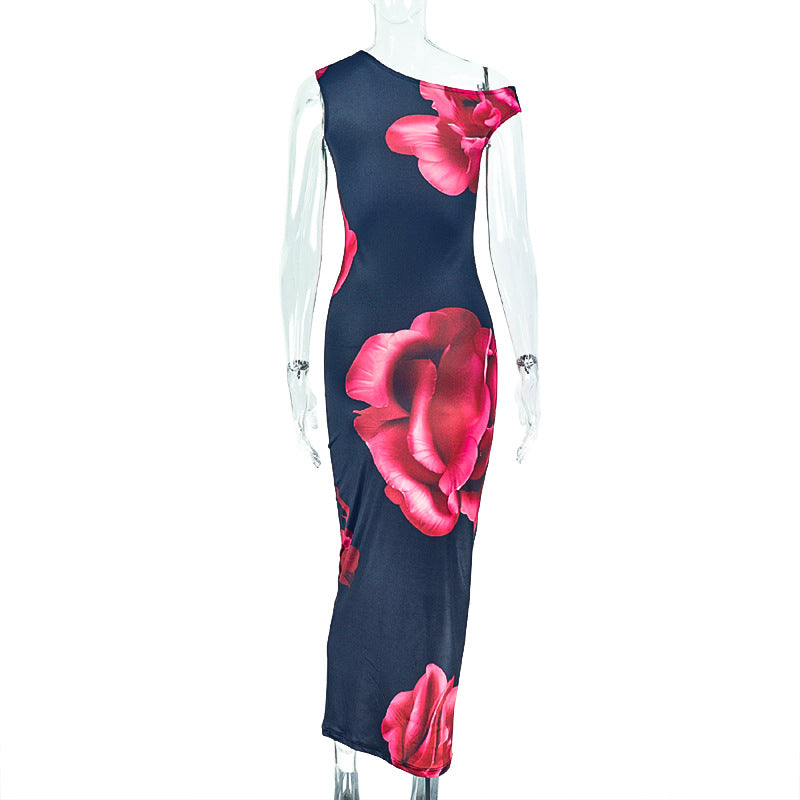 Elegant Fashion Women's Printed Tight Fitting One Shoulder Slash Shoulder Long Dress 6