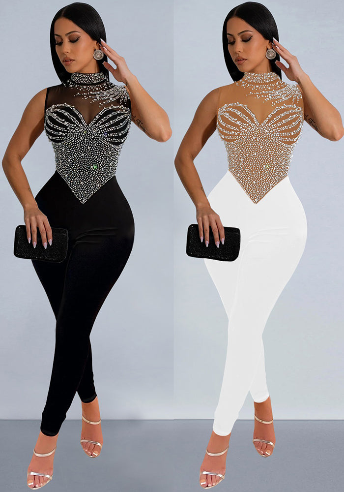 Fashionable Women's Solid Color Mesh Beaded Sleeveless Sexy Jumpsuit