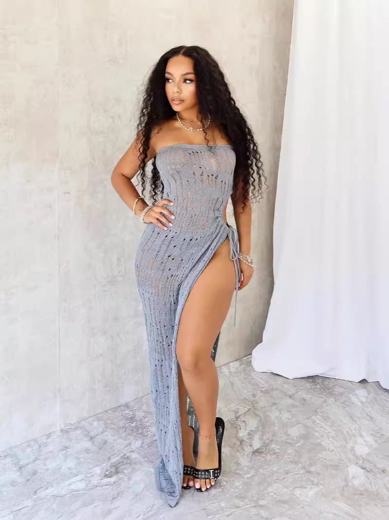Women's Fashion Strapless Slim Waist Slit Knitting Dress