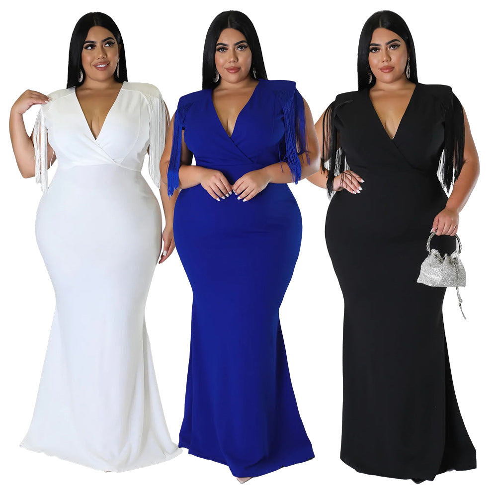 Plus Size Women Sexy V-Neck Sleeveless Fringe Dress