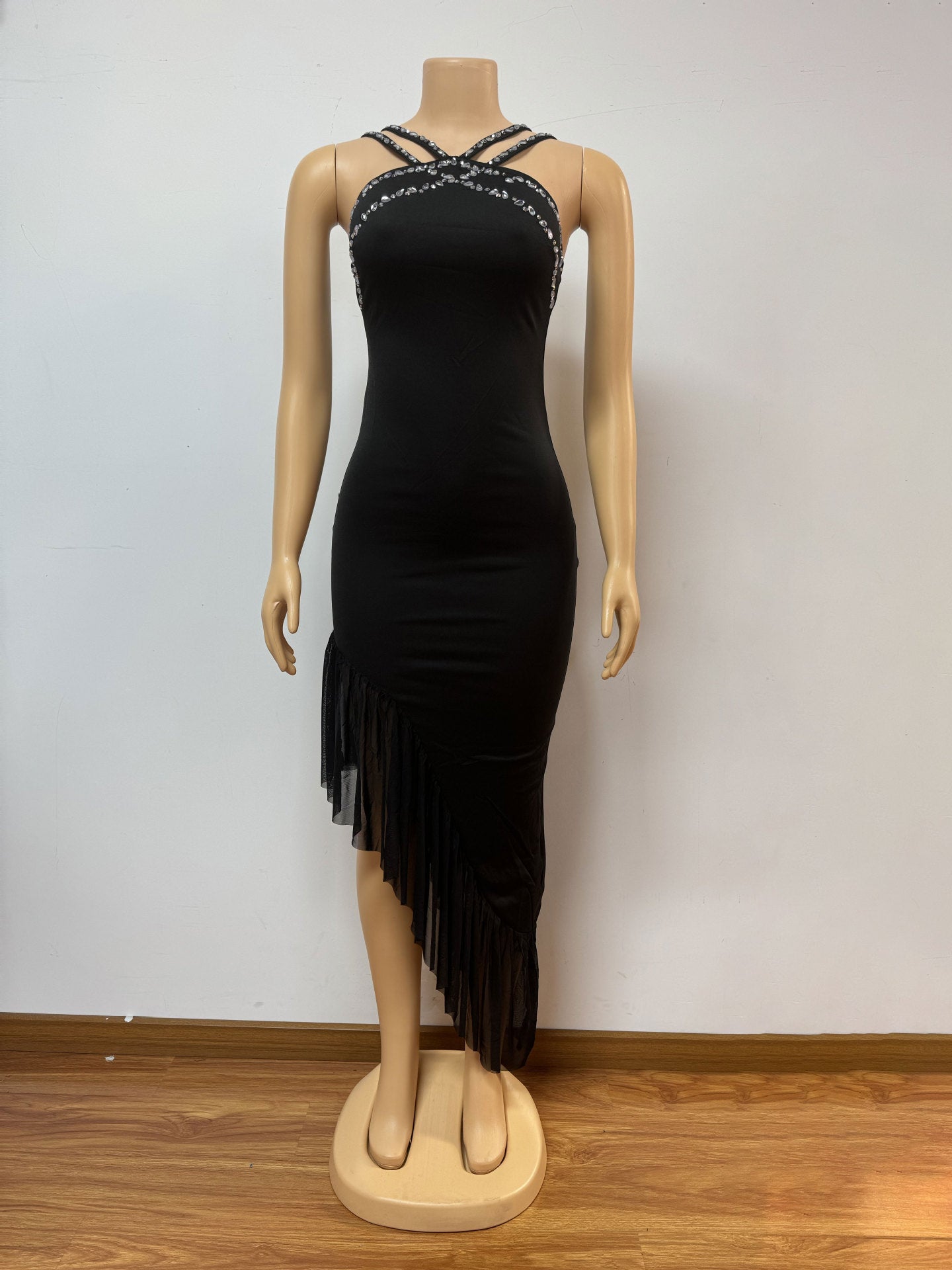 Women Beaded sexy off-shoulder Backless irregular solid bodycon dress 5