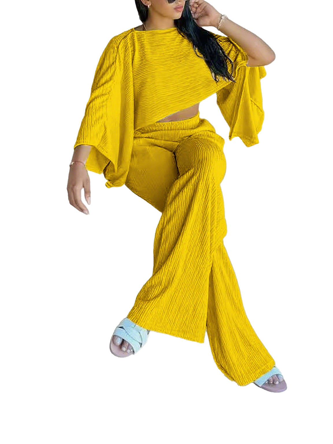 Women's Fashion Sexy Beach Holidays Solid Slash Shoulder Irregular Top with Elastic Waist Pockets Long Pants Set 15