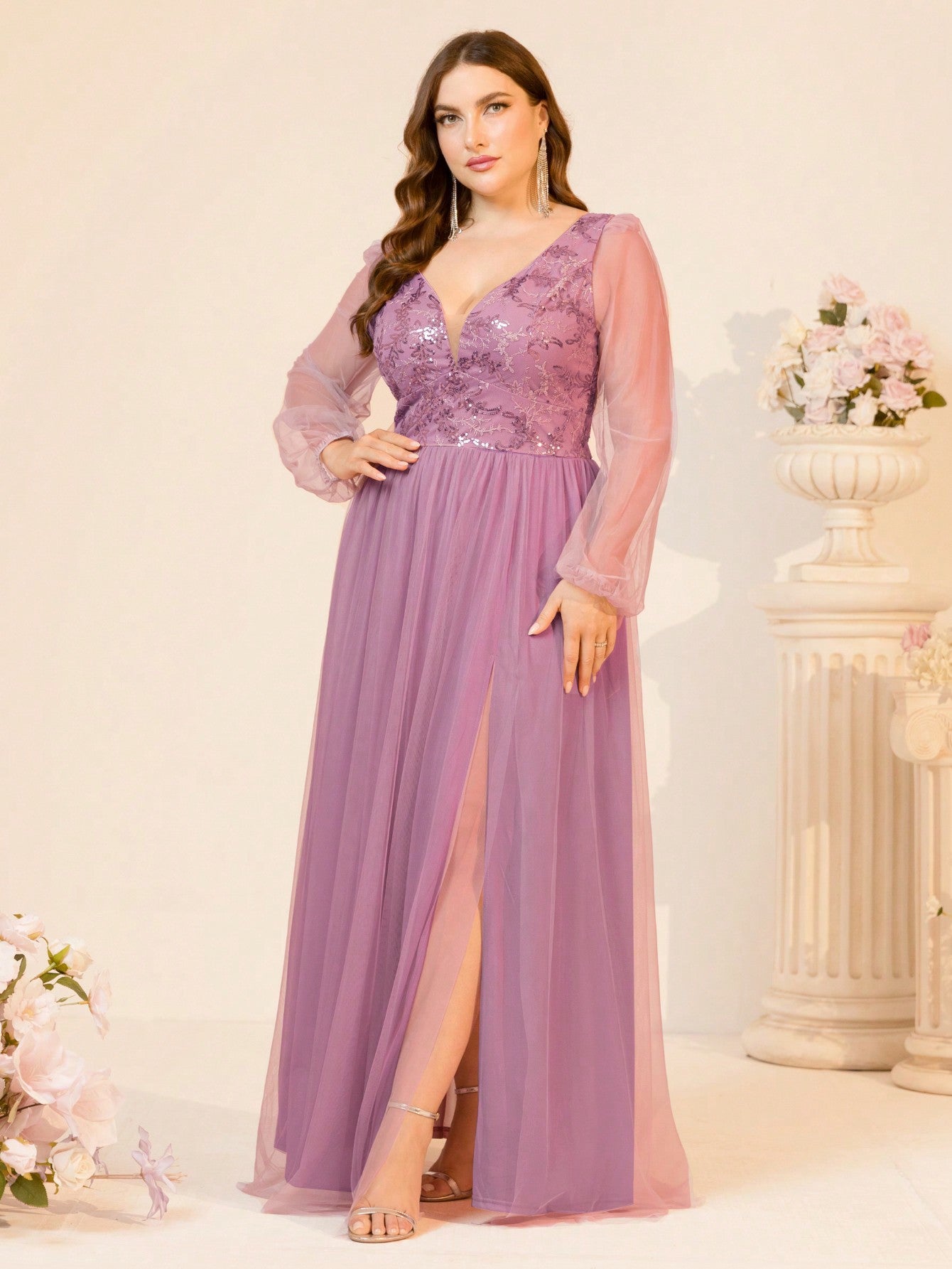 Plus Size Women Spring Summer Sequined Mesh Patchwork Evening Dress 6