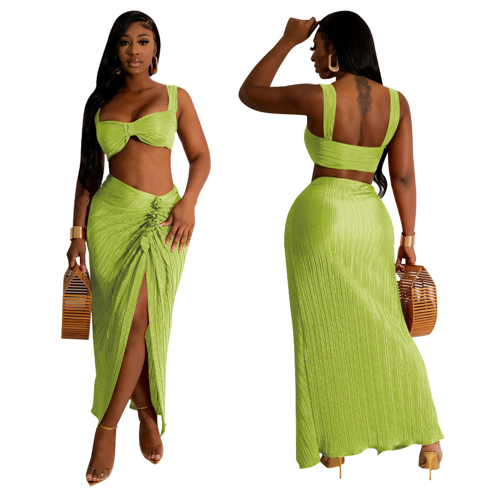Pleated Sexy Low Back Camisole Top Split Pleated Skirt Set 4