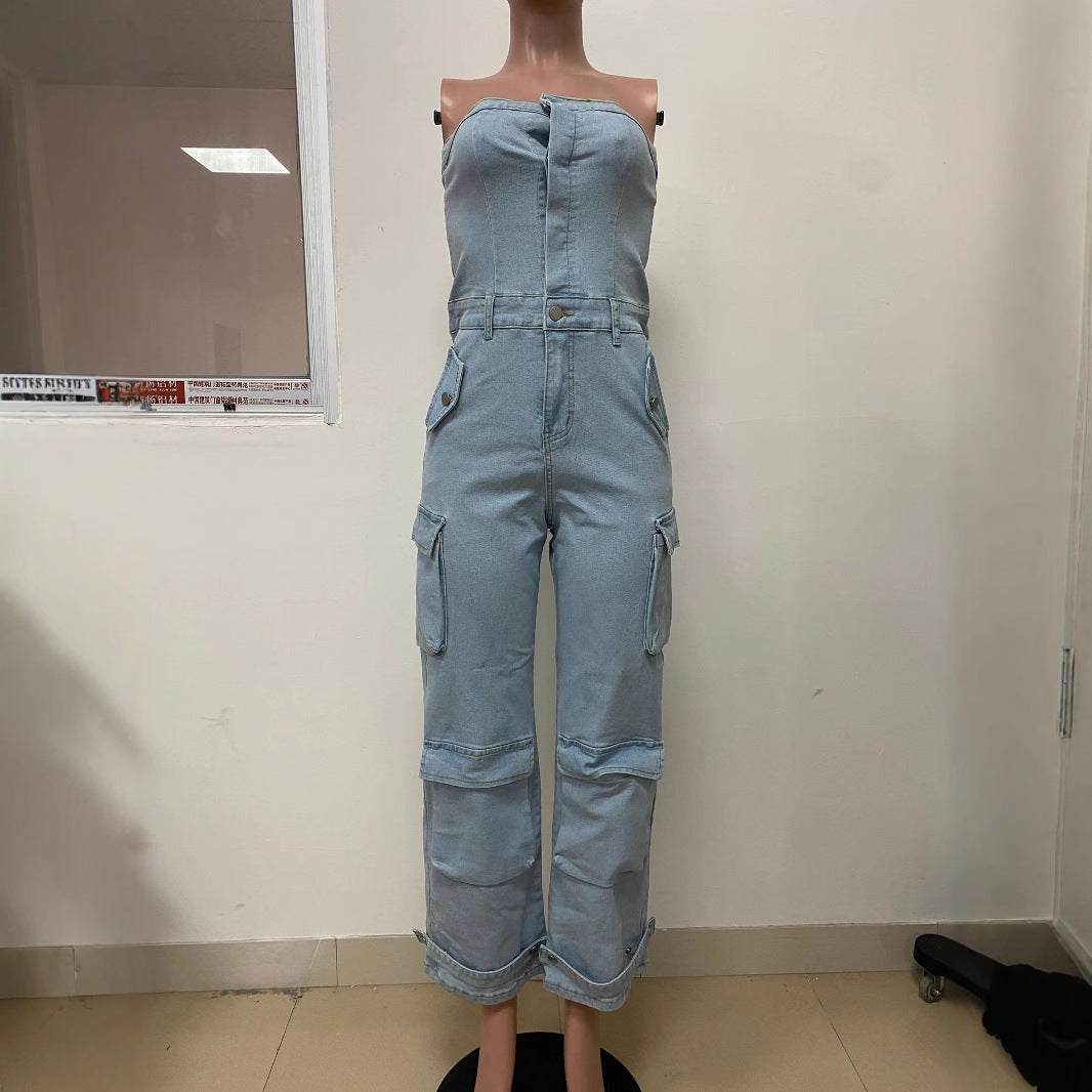 Women's Strapless with Big Pocket Washed Denim Jumpsuit 5