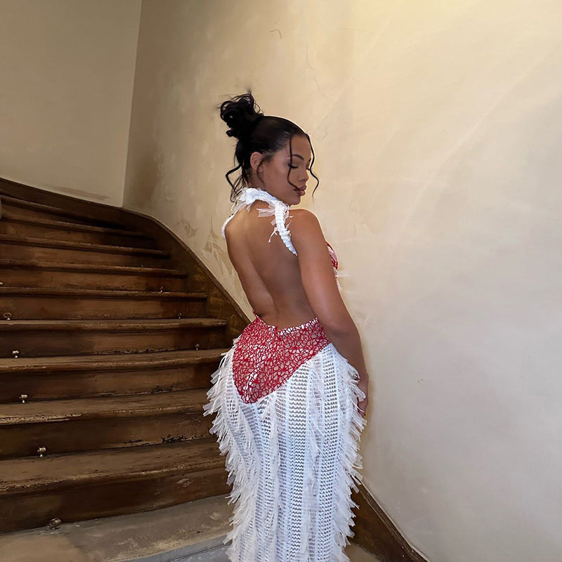 Summer Women's Trendy Sleeveless Fringe See-Through Patchwork Low Back Maxi Dress