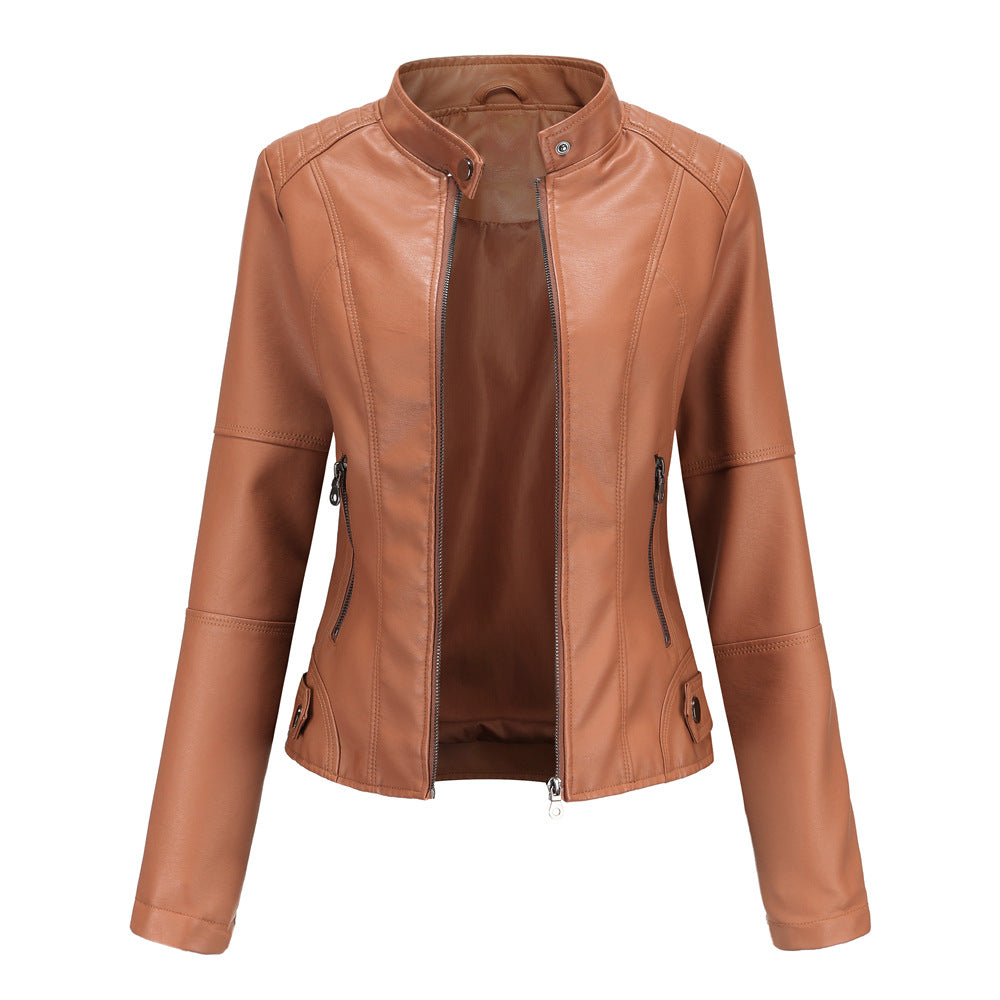Women'S Leather Clothes Women'S Spring Autumn Coat Women'S Plus Size Stand Collar Slim Thin Leather Jacket 4